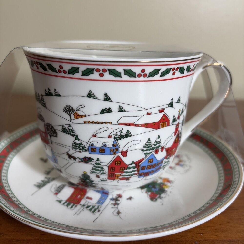 Grace Teaware, Oversized Tea Cup & Saucer  Holiday Winter Village Scene, New